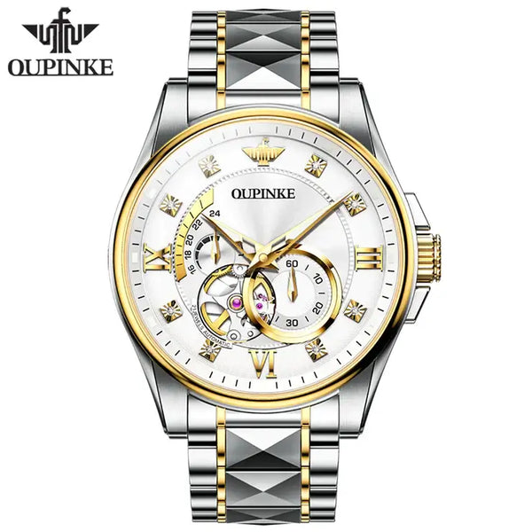 OUPINKE 3245 Men's Luxury Automatic Mechanical Hollow Design Luminous Watch - Two Tone White Face