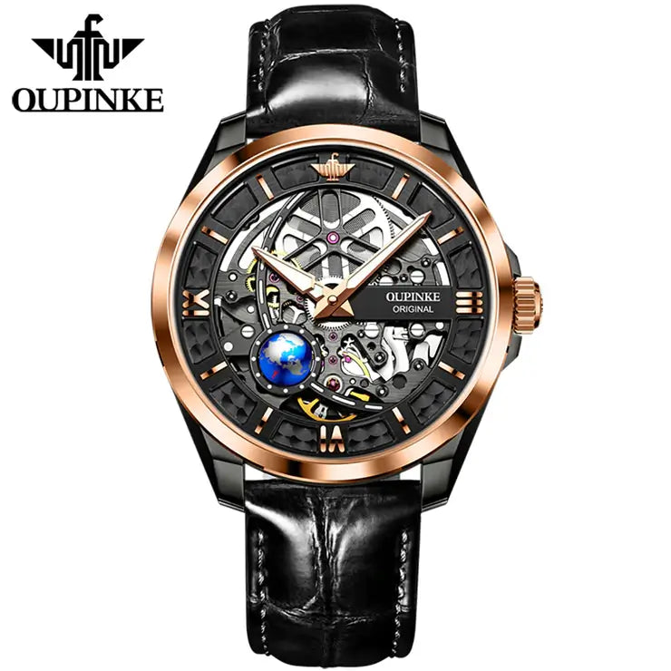 OUPINKE 3268 Men's Luxury Automatic Mechanical Skeleton Design Luminous Watch - Black/Rose Gold Black Face Black Leather Strap