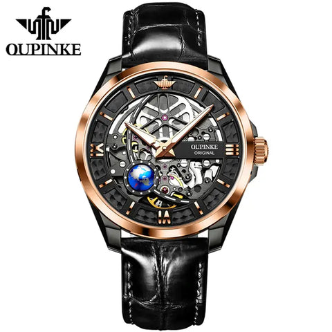 OUPINKE 3268 Men's Luxury Automatic Mechanical Skeleton Design Luminous Watch - Black/Rose Gold Black Face Black Leather Strap