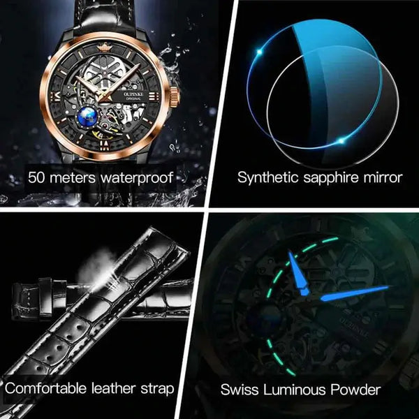 OUPINKE 3268 Men's Luxury Automatic Mechanical Skeleton Design Luminous Watch - Features