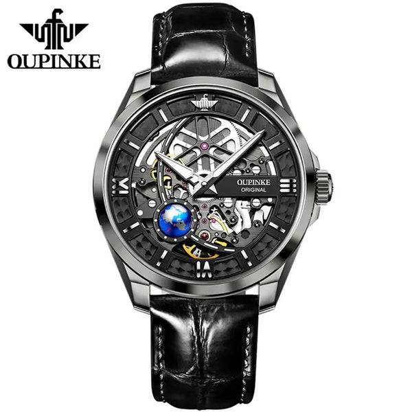 OUPINKE 3268 Men's Luxury Automatic Mechanical Skeleton Design Luminous Watch - Gray Black Face Black Leather Strap