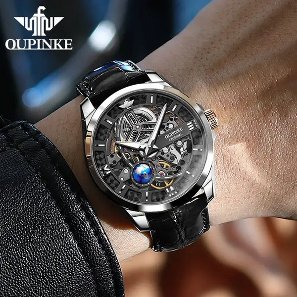 OUPINKE 3268 Men's Luxury Automatic Mechanical Skeleton Design Luminous Watch - Model Picture2