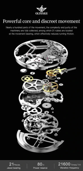 OUPINKE 3268 Men's Luxury Automatic Mechanical Skeleton Design Luminous Watch - Original Movement