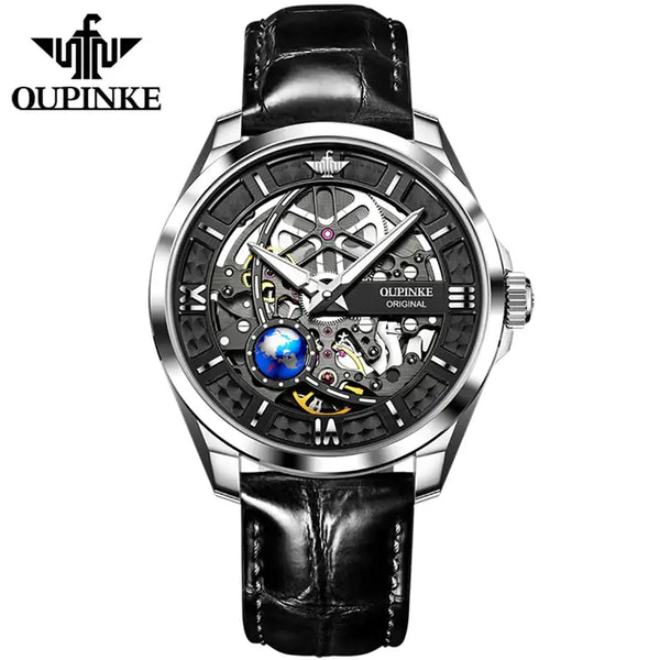 OUPINKE 3268 Men's Luxury Automatic Mechanical Skeleton Design Luminous Watch - Silver Black Face Black Leather Strap