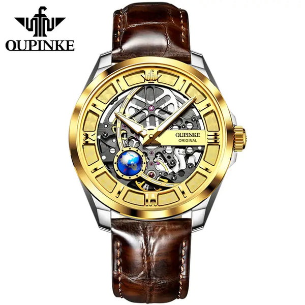 OUPINKE 3268 Men's Luxury Automatic Mechanical Skeleton Design Luminous Watch - Silver/Gold Gold Face Brown Leather Strap