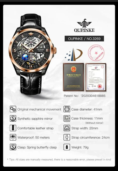 OUPINKE 3268 Men's Luxury Automatic Mechanical Skeleton Design Luminous Watch - Specifications